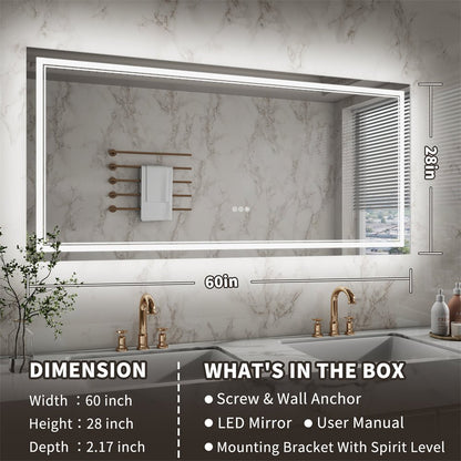 Linea 60" W x 28" H LED Heated Bathroom Mirror,Anti Fog,Dimmable,Front - Lighted and Backlit, Tempered Glass