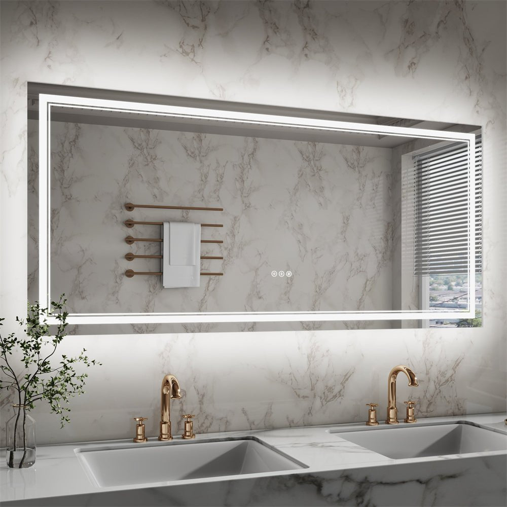 Linea 60" W x 28" H LED Heated Bathroom Mirror,Anti Fog,Dimmable,Front - Lighted and Backlit, Tempered Glass