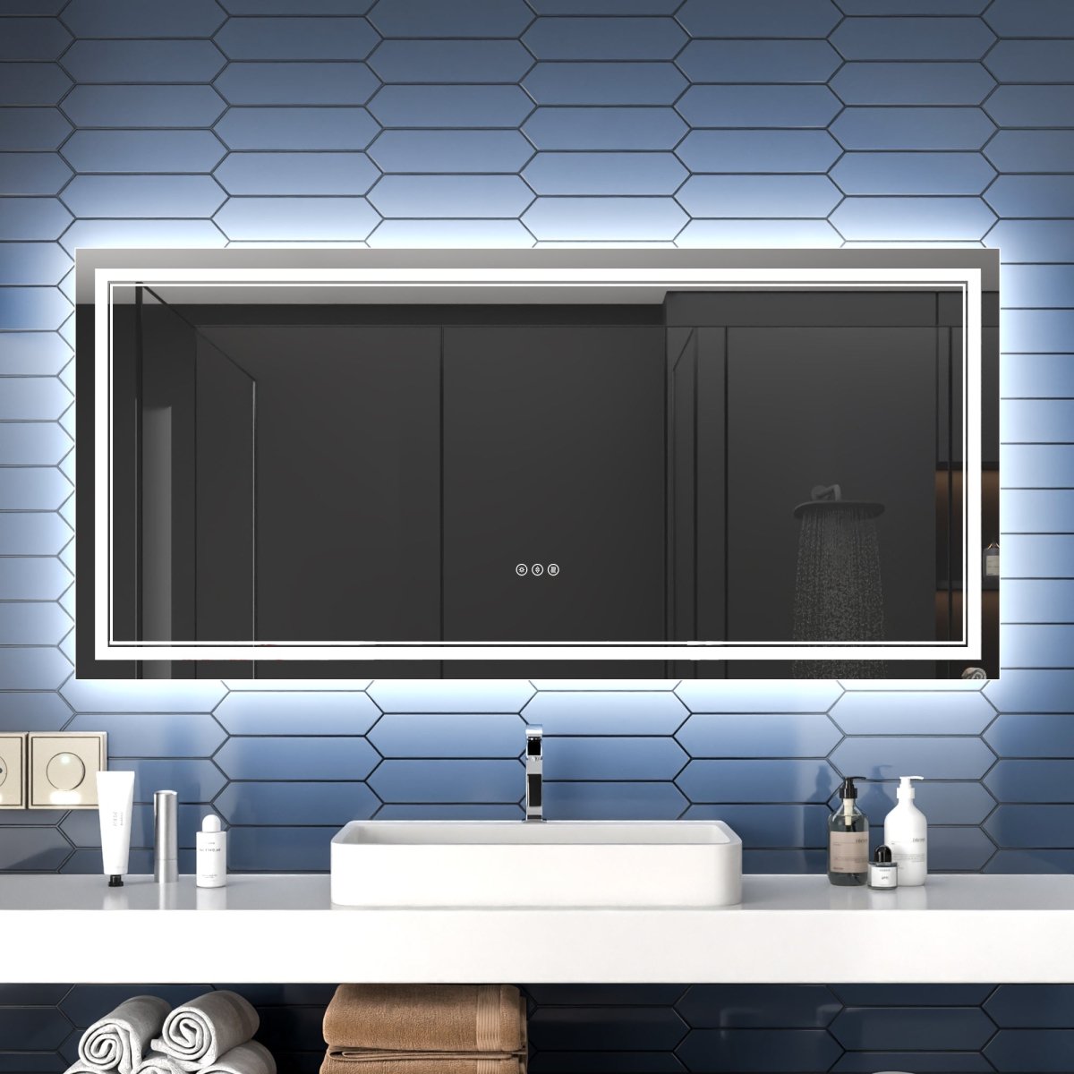 Linea 60" W x 28" H LED Heated Bathroom Mirror,Anti Fog,Dimmable,Front - Lighted and Backlit, Tempered Glass