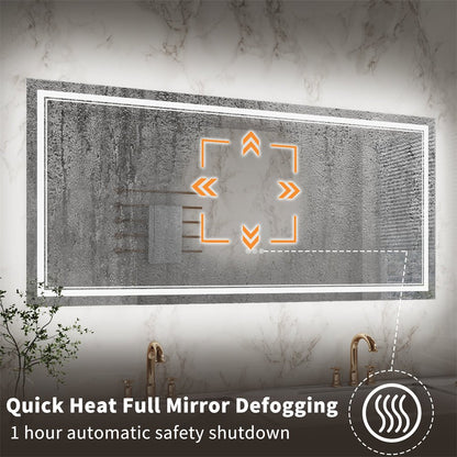 Linea 60" W x 28" H LED Heated Bathroom Mirror,Anti Fog,Dimmable,Front - Lighted and Backlit, Tempered Glass