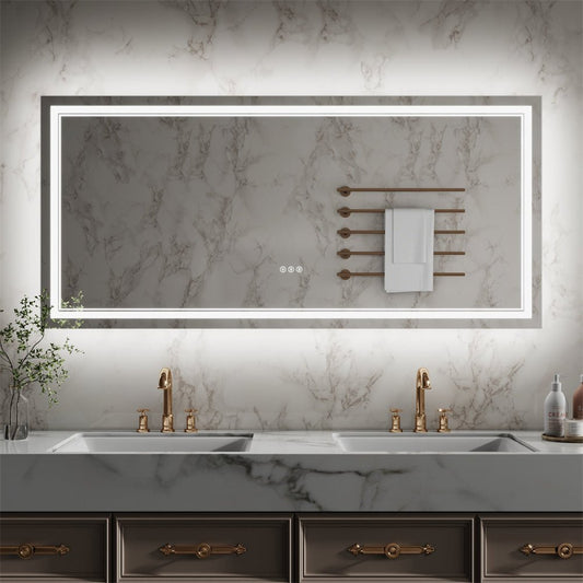 Linea 60" W x 28" H LED Heated Bathroom Mirror,Anti Fog,Dimmable,Front - Lighted and Backlit, Tempered Glass