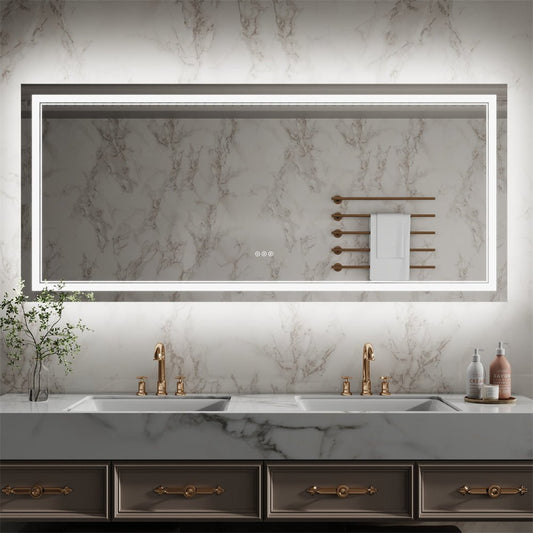 Linea 72" W x 32" H LED Heated Bathroom Mirror,Anti Fog,Dimmable,Front - Lighted and Backlit, Tempered Glass