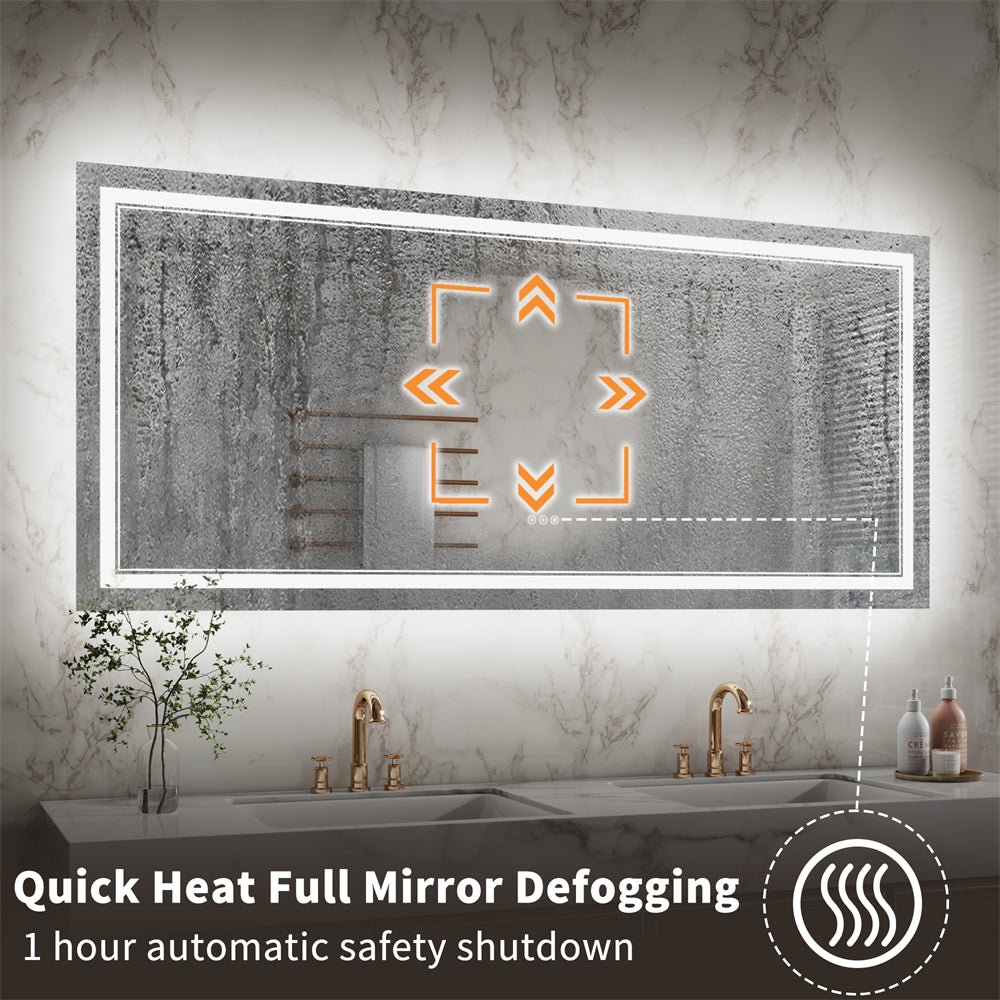 Linea 72" W x 32" H LED Heated Bathroom Mirror,Anti Fog,Dimmable,Front - Lighted and Backlit, Tempered Glass