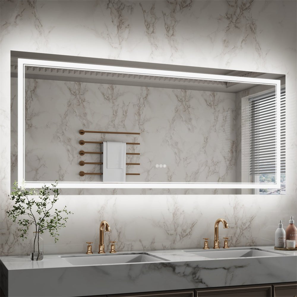 Linea 72" W x 32" H LED Heated Bathroom Mirror,Anti Fog,Dimmable,Front - Lighted and Backlit, Tempered Glass