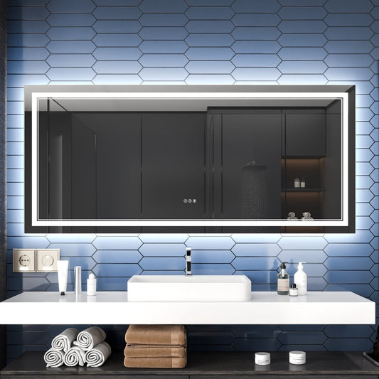 Linea 72" W x 32" H LED Heated Bathroom Mirror,Anti Fog,Dimmable,Front - Lighted and Backlit, Tempered Glass