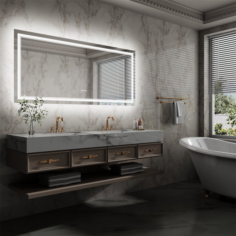 Linea 72" W x 32" H LED Heated Bathroom Mirror,Anti Fog,Dimmable,Front - Lighted and Backlit, Tempered Glass