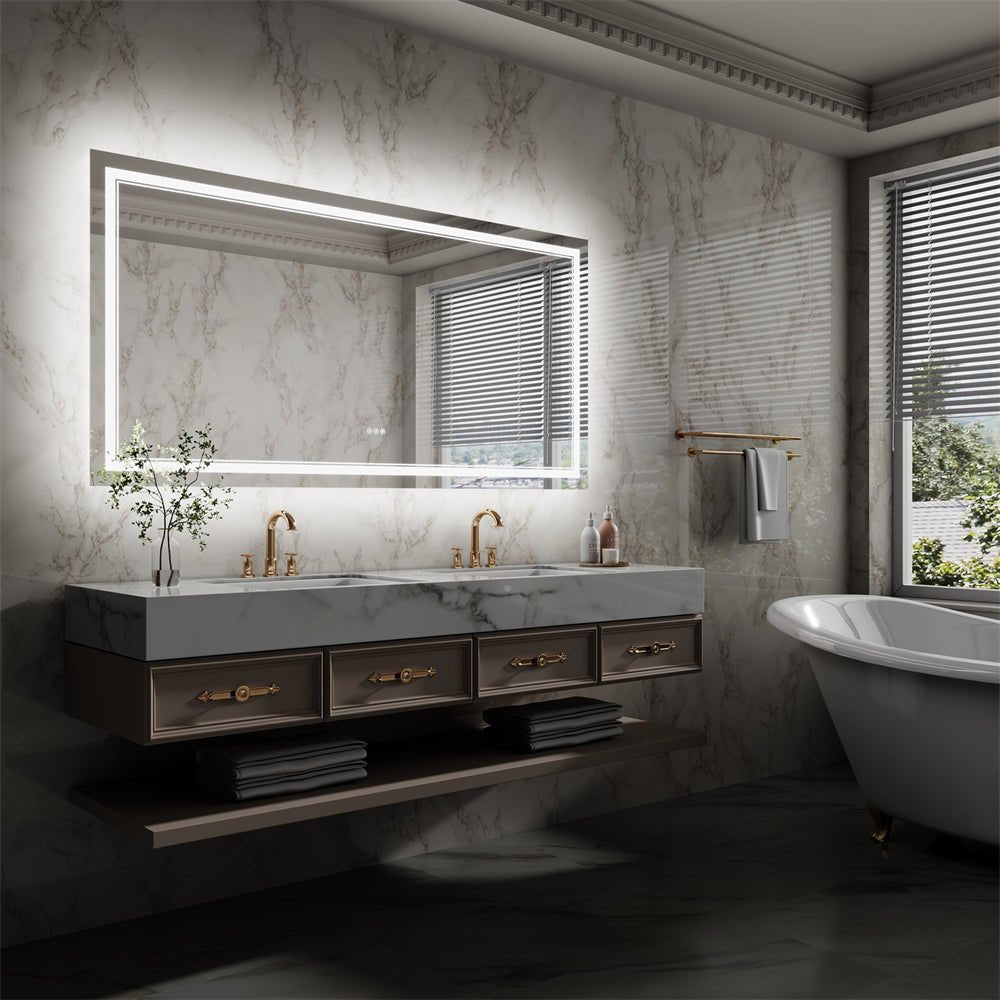 Linea 72" W x 36" H LED Heated Bathroom Mirror,Anti Fog,Dimmable,Front - Lighted and Backlit, Tempered Glass