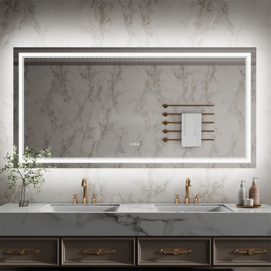 Linea 72" W x 36" H LED Heated Bathroom Mirror,Anti Fog,Dimmable,Front - Lighted and Backlit, Tempered Glass