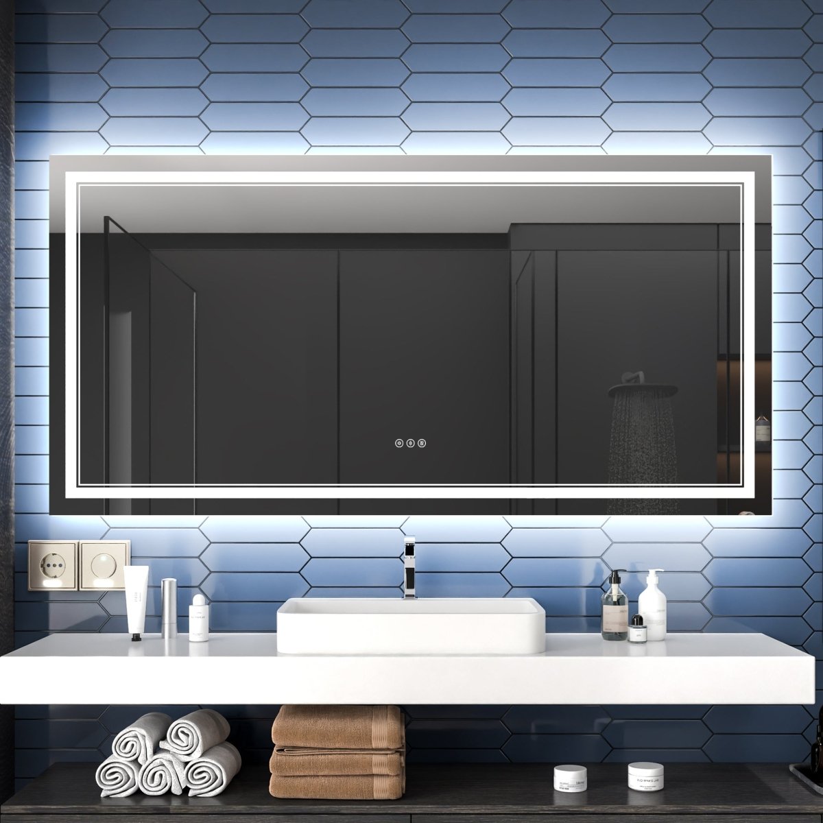 Linea 72" W x 36" H LED Heated Bathroom Mirror,Anti Fog,Dimmable,Front - Lighted and Backlit, Tempered Glass