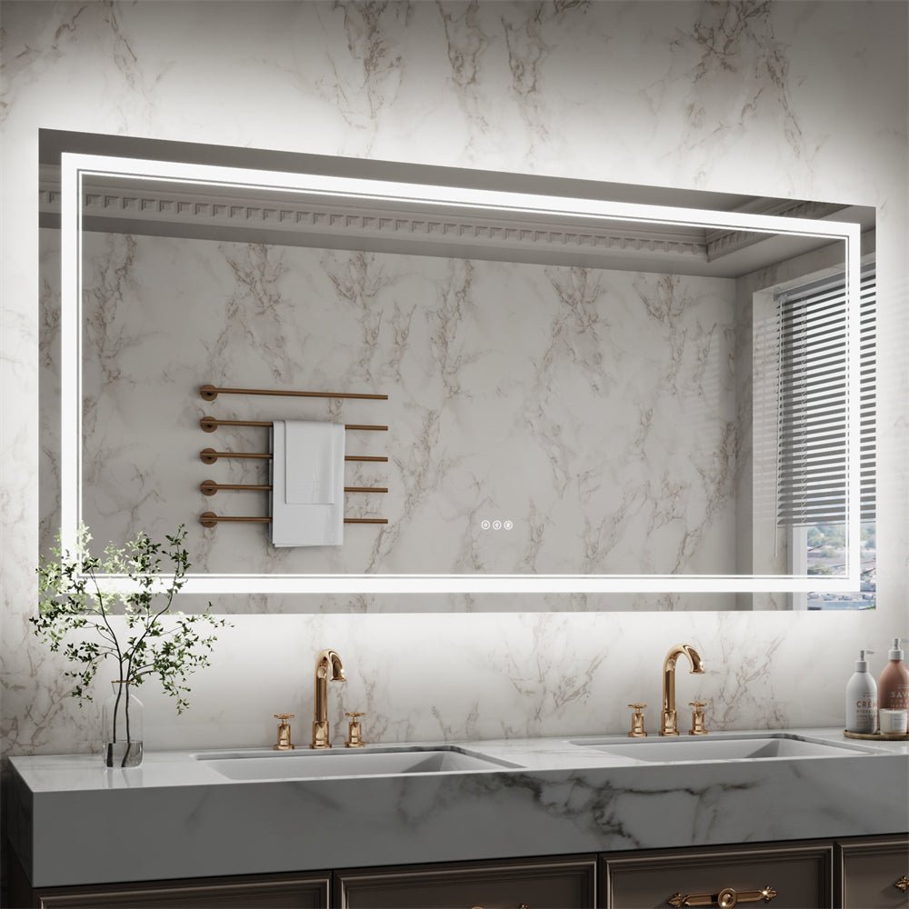 Linea 72" W x 36" H LED Heated Bathroom Mirror,Anti Fog,Dimmable,Front - Lighted and Backlit, Tempered Glass