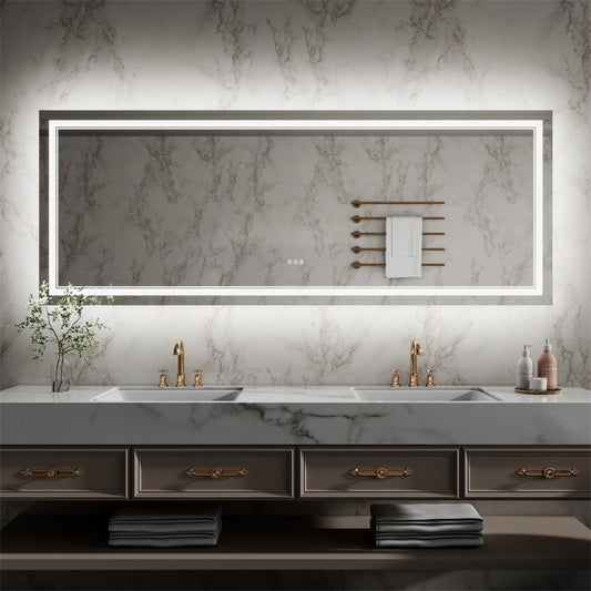 Linea 84" W x 32" H LED Heated Bathroom Mirror,Anti Fog,Dimmable,Front - Lighted and Backlit, Tempered Glass