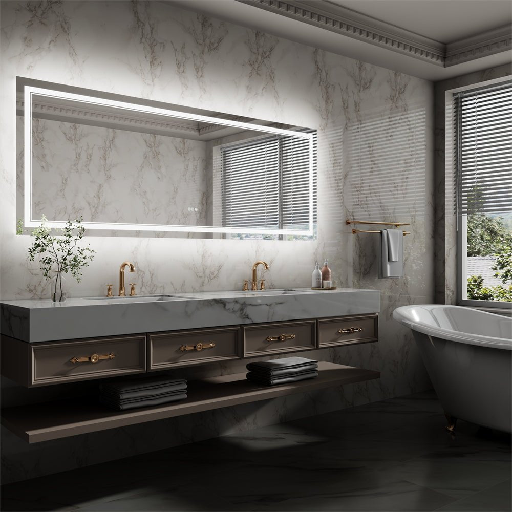 Linea 84" W x 32" H LED Heated Bathroom Mirror,Anti Fog,Dimmable,Front - Lighted and Backlit, Tempered Glass