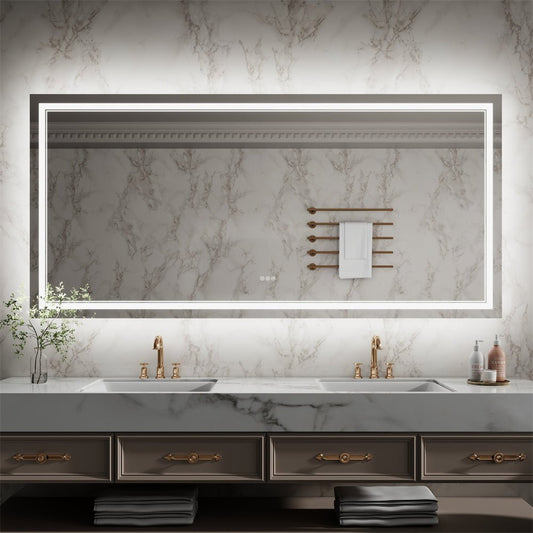 Linea 84" W x 40" H LED Heated Bathroom Mirror,Anti Fog,Dimmable,Front - Lighted and Backlit, Tempered Glass