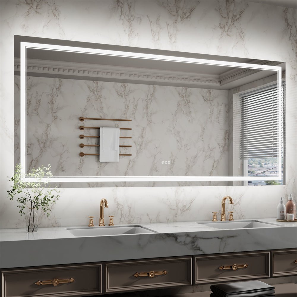 Linea 84" W x 40" H LED Heated Bathroom Mirror,Anti Fog,Dimmable,Front - Lighted and Backlit, Tempered Glass