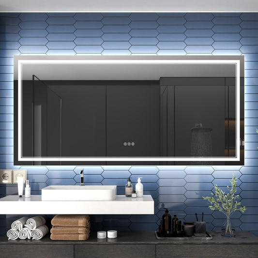 Linea 84" W x 40" H LED Heated Bathroom Mirror,Anti Fog,Dimmable,Front - Lighted and Backlit, Tempered Glass