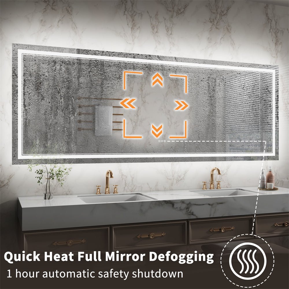 Linea 96" W x 36" H LED Heated Bathroom Mirror,Anti Fog,Dimmable,Front - Lighted and Backlit, Tempered Glass