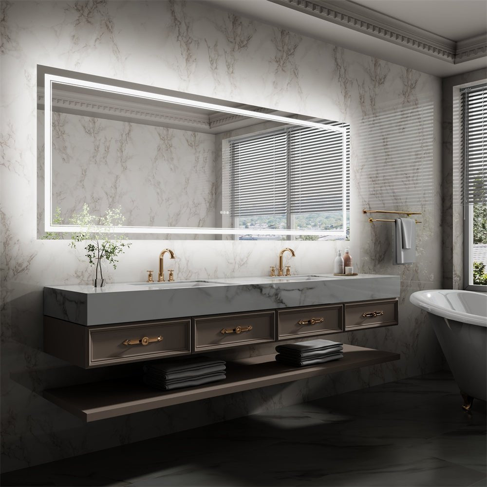 Linea 96" W x 36" H LED Heated Bathroom Mirror,Anti Fog,Dimmable,Front - Lighted and Backlit, Tempered Glass