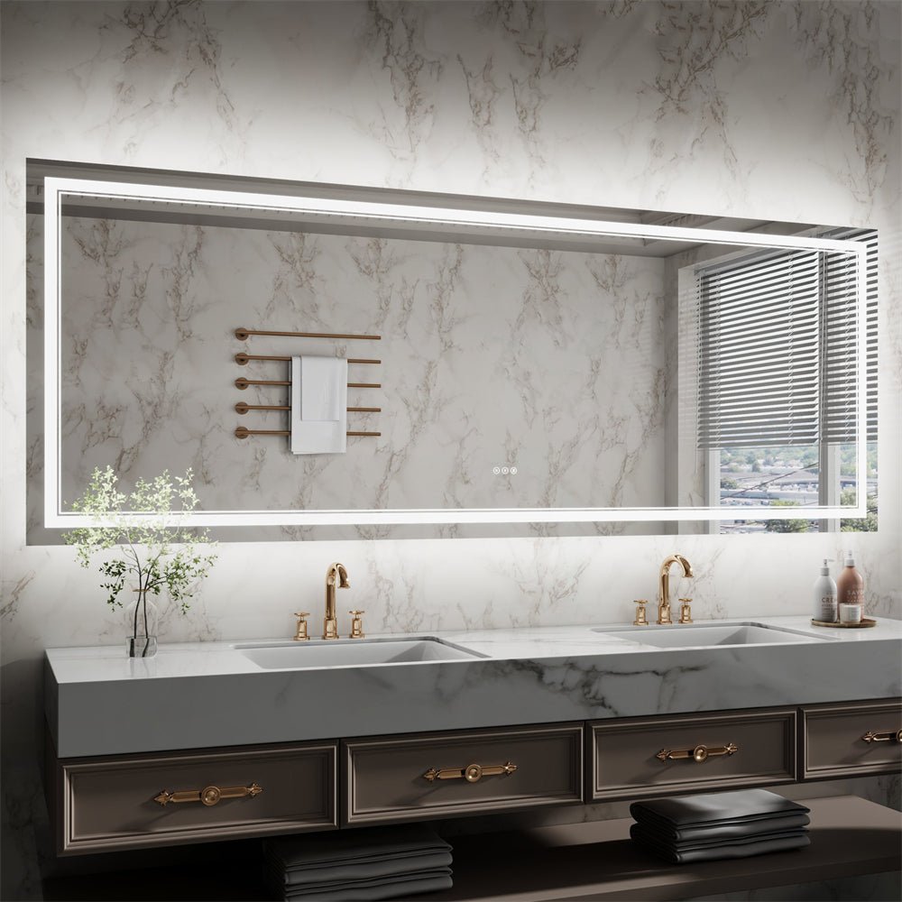 Linea 96" W x 36" H LED Heated Bathroom Mirror,Anti Fog,Dimmable,Front - Lighted and Backlit, Tempered Glass