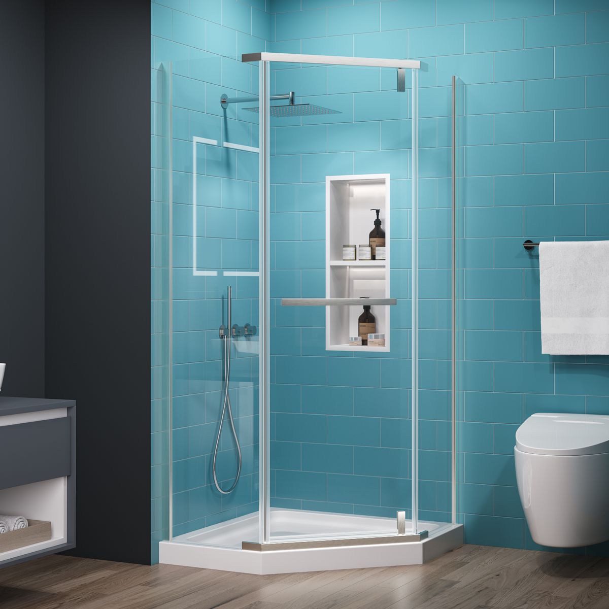 Prism Neo-Angle Frameless Shower Door 36 in. W x 72 in. H,Corner Shower Enclosure,6mm Clear Glass,Pivot Shower Doors,Brushed Nickel