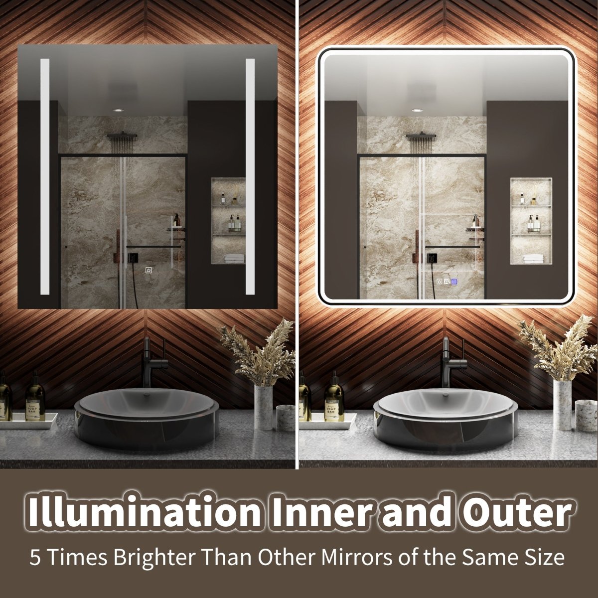 Lumina 24" W x 32" H LED Lighted Bathroom Mirror,High Illuminate, Inner & Outer Lighting,Anti - Fog, Dimmable,Black Frame with Rounded Corners