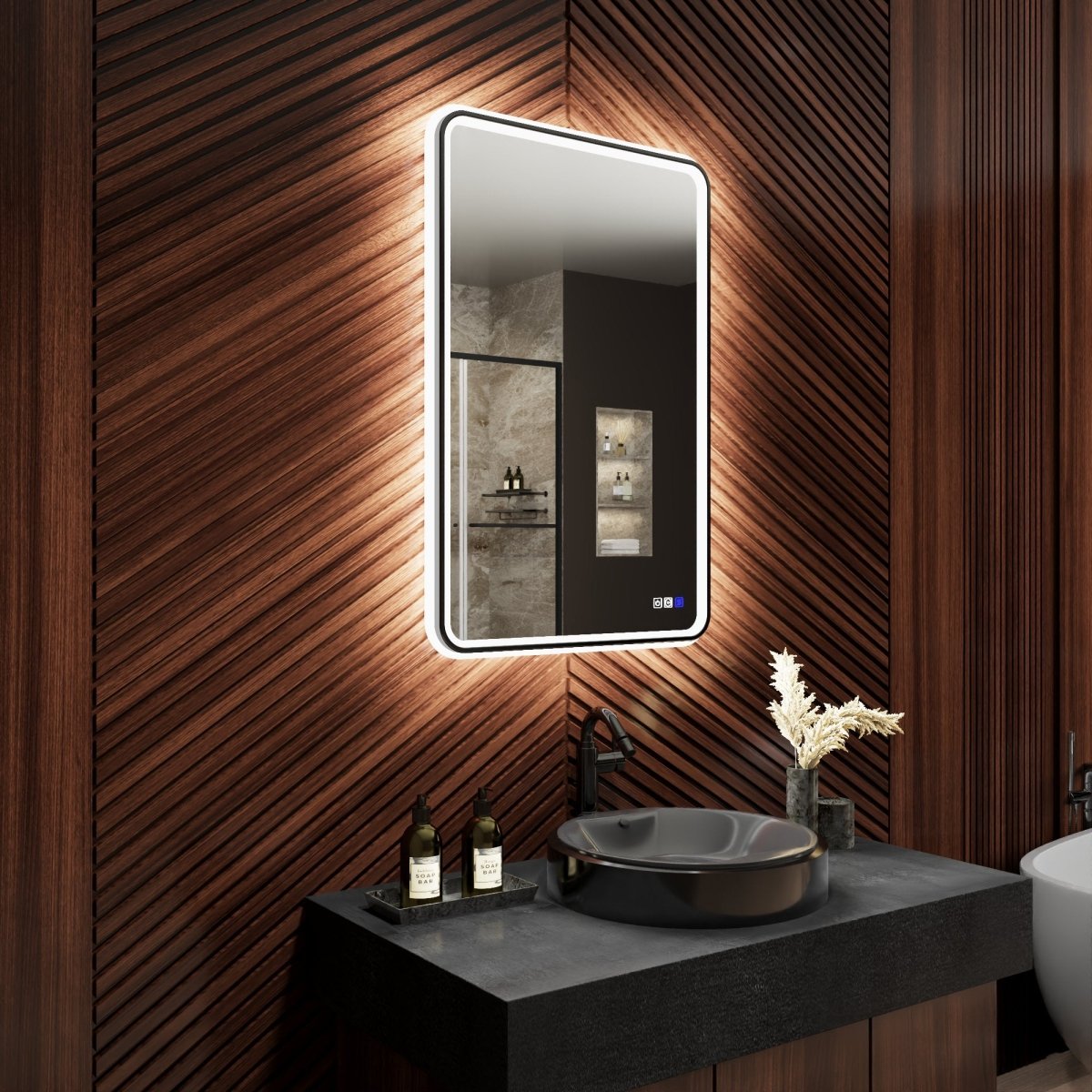 Lumina 24" W x 36" H LED Lighted Bathroom Mirror,High Illuminate, Inner & Outer Lighting,Anti - Fog, Dimmable,Black Frame with Rounded Corners