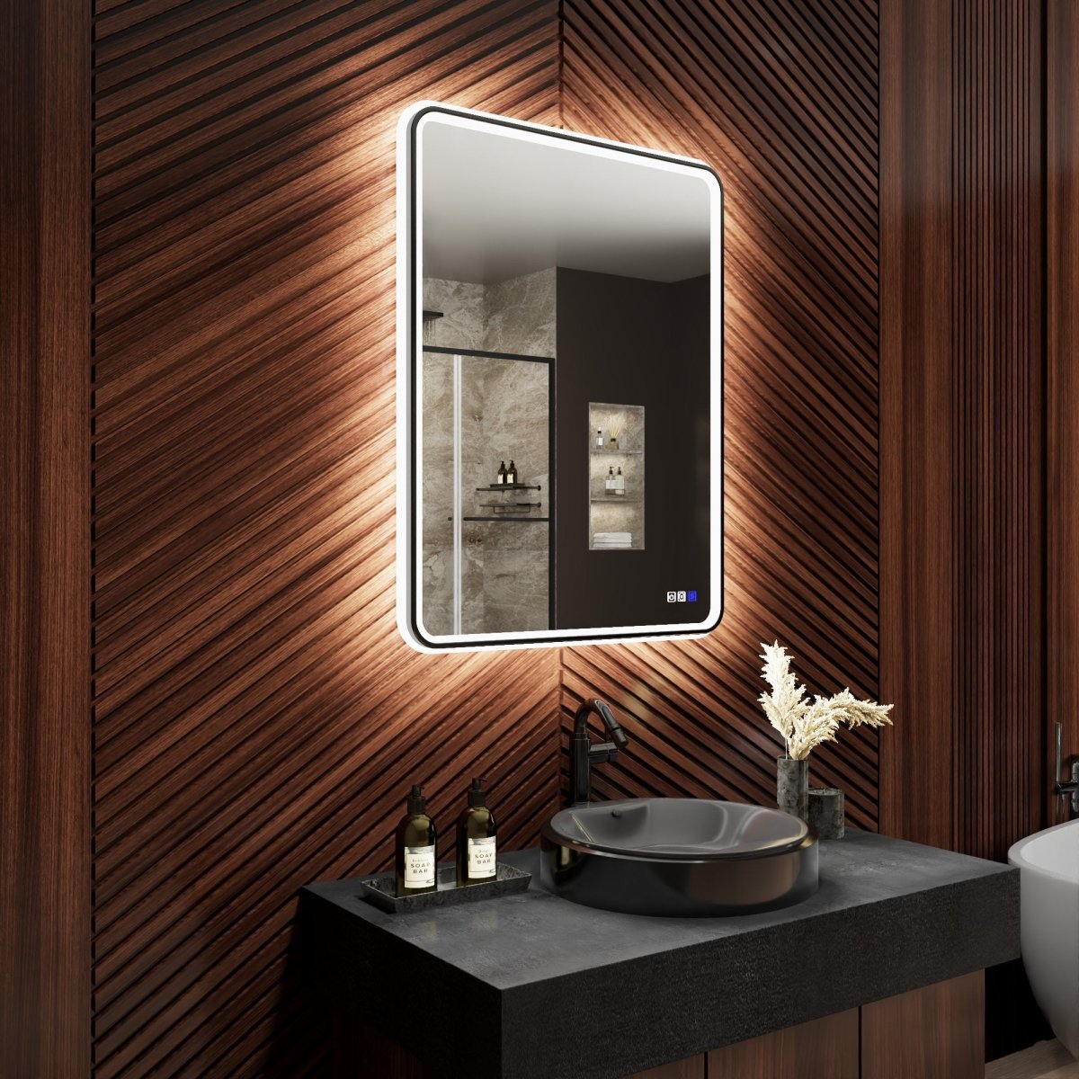 Lumina 28" W x 36" H LED Lighted Bathroom Mirror,High Illuminate, Inner & Outer Lighting,Anti - Fog, Dimmable,Black Frame with Rounded Corners