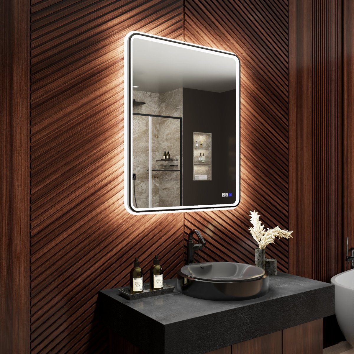 Lumina 30" W x 36" H LED Lighted Bathroom Mirror,High Illuminate, Inner & Outer Lighting,Anti - Fog, Dimmable,Black Frame with Rounded Corners