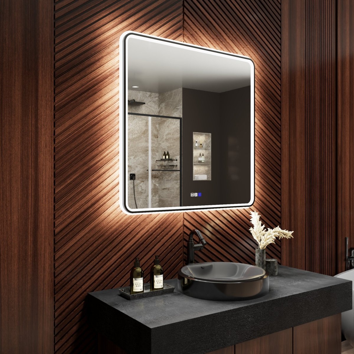 Lumina 36" W x 36" H LED Lighted Bathroom Mirror,High Illuminate, Inner & Outer Lighting,Anti - Fog, Dimmable,Black Frame with Rounded Corners