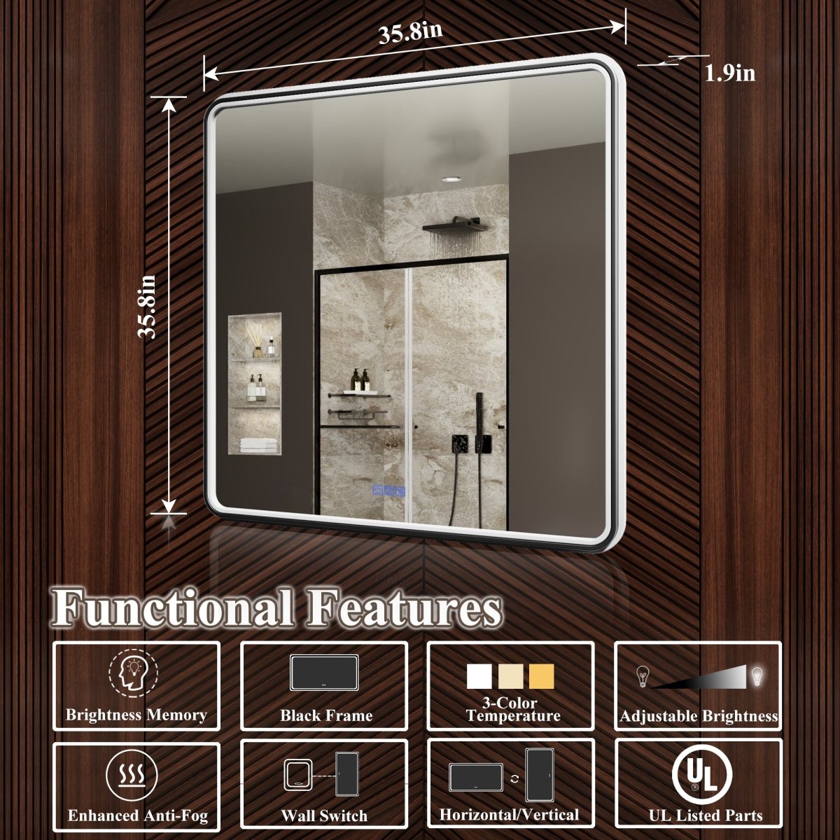 Lumina 36" W x 36" H LED Lighted Bathroom Mirror,High Illuminate, Inner & Outer Lighting,Anti - Fog, Dimmable,Black Frame with Rounded Corners