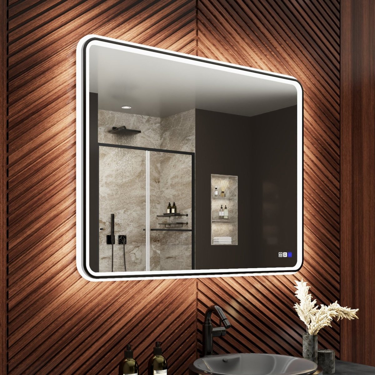 Lumina 40" W x 32" H LED Lighted Bathroom Mirror,High Illuminate, Inner & Outer Lighting,Anti - Fog, Dimmable,Black Frame with Rounded Corners