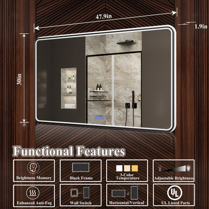 Lumina 48" W x 30" H LED Lighted Bathroom Mirror,High Illuminate, Inner & Outer Lighting,Anti - Fog, Dimmable,Black Frame with Rounded Corners