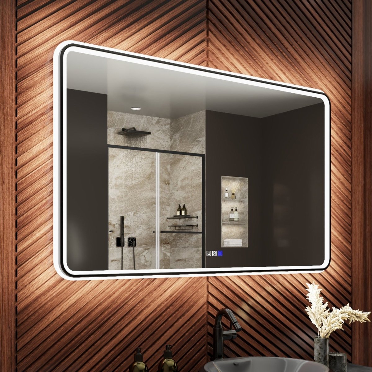 Lumina 48" W x 30" H LED Lighted Bathroom Mirror,High Illuminate, Inner & Outer Lighting,Anti - Fog, Dimmable,Black Frame with Rounded Corners