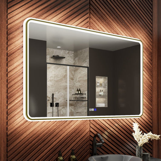 Lumina 48" W x 30" H LED Lighted Bathroom Mirror,High Illuminate,Inner & Outer Lighting,Anti - Fog,Dimmable,Golden Frame with Rounded Corners