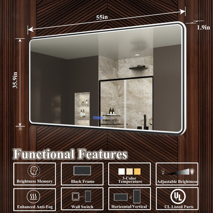 Lumina 55" W x 36" H LED Lighted Bathroom Mirror,High Illuminate,Inner and Outer Lighting,Anti - Fog,Dimmable,Black Frame with Rounded Corners