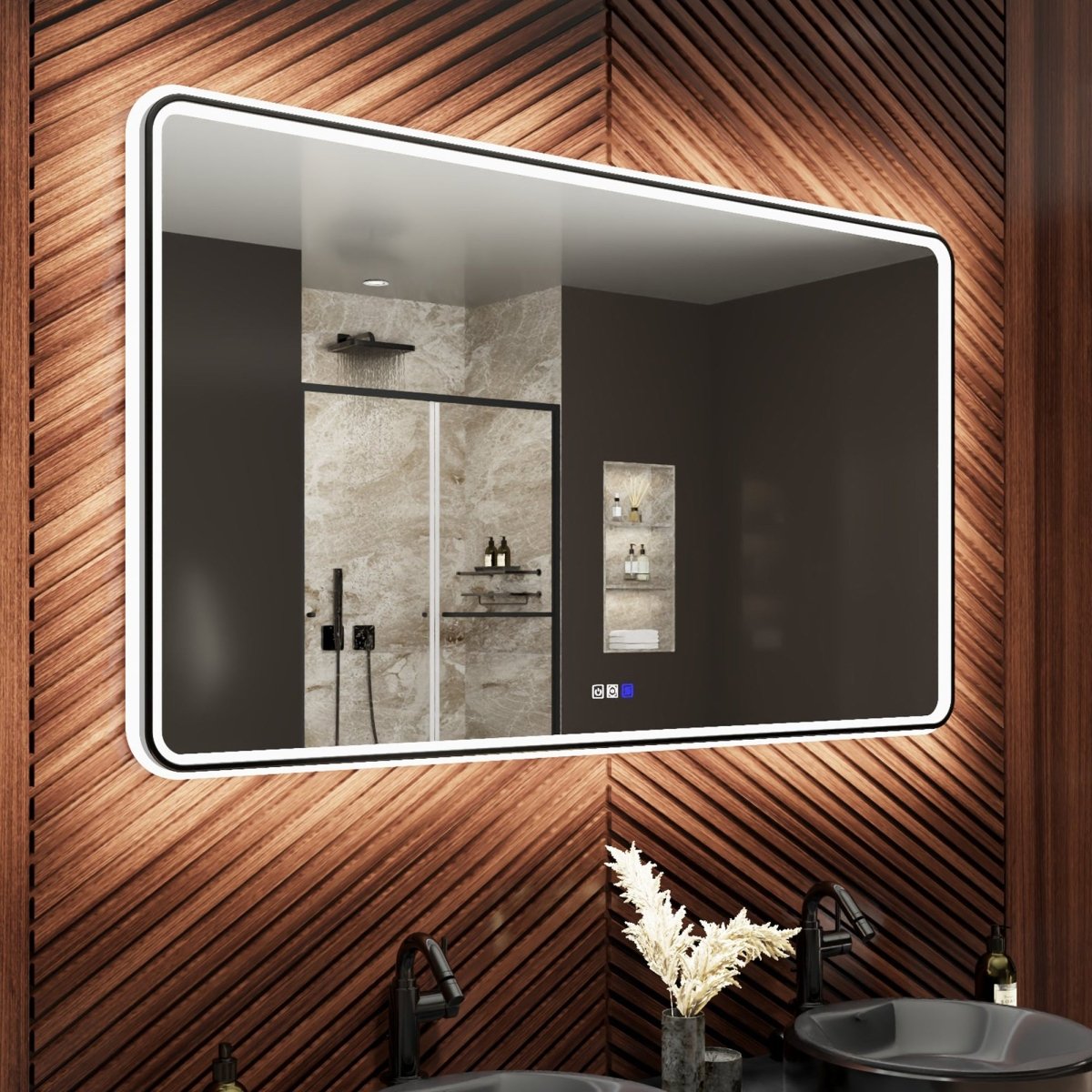 Lumina 55" W x 36" H LED Lighted Bathroom Mirror,High Illuminate,Inner and Outer Lighting,Anti - Fog,Dimmable,Black Frame with Rounded Corners