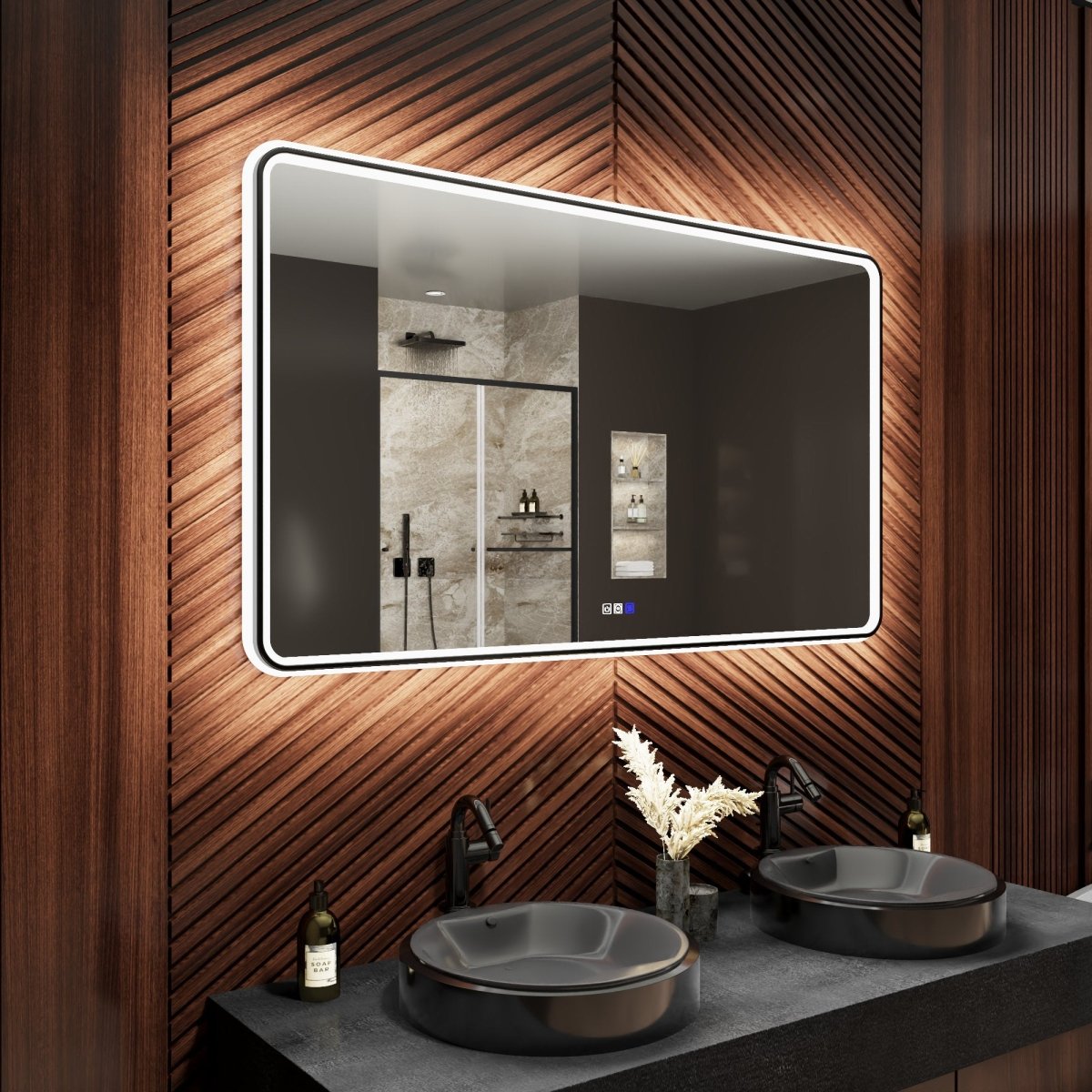 Lumina 55" W x 36" H LED Lighted Bathroom Mirror,High Illuminate,Inner and Outer Lighting,Anti - Fog,Dimmable,Black Frame with Rounded Corners