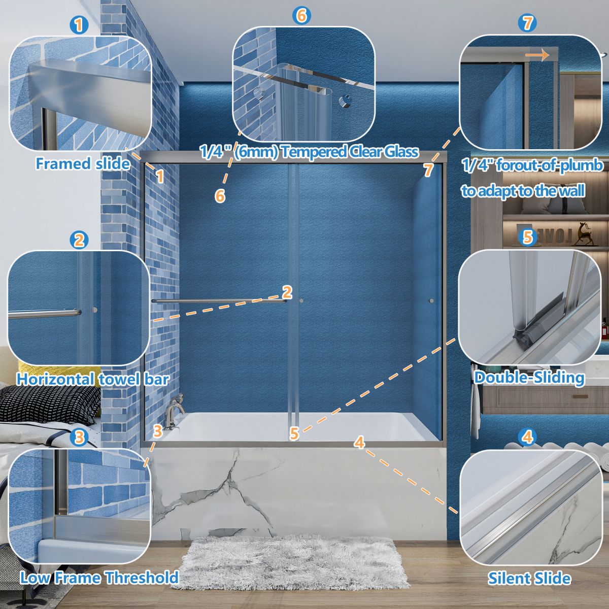 Mirage 56 - 60" Semi - Frameless Double Sliding Tub Door,Bypass Bathtub Shower Tempered Glass Door,Explosion - Proof Film,Brush Nickel