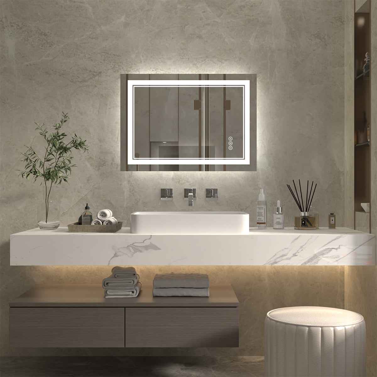 Linea 24" W x 32" H LED Heated Bathroom Mirror,Anti Fog,Dimmable,Front-Lighted and Backlit, Tempered Glass