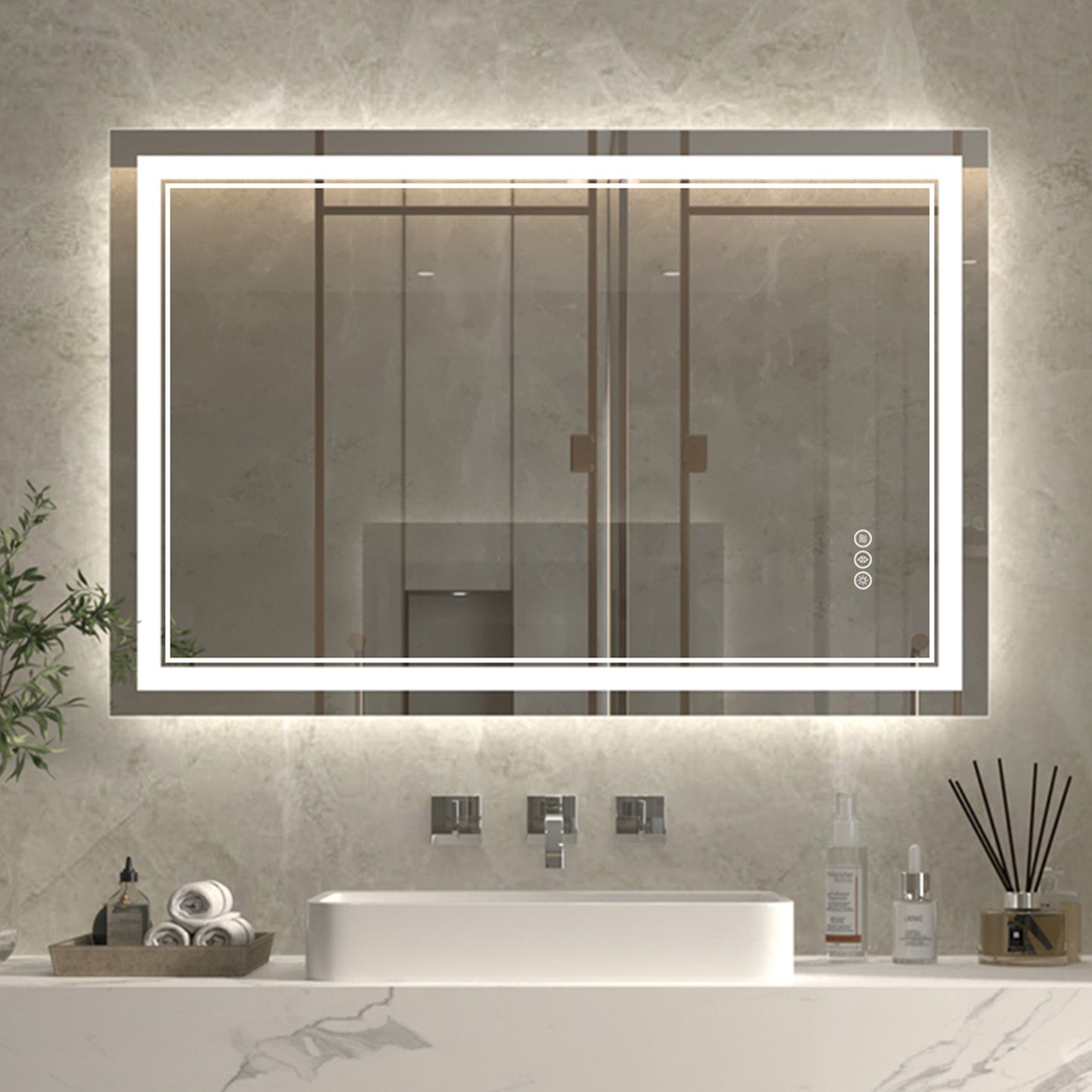 Linea 48" W x 32" H LED Heated Bathroom Mirror,Anti Fog,Dimmable,Front-Lighted and Backlit, Tempered Glass