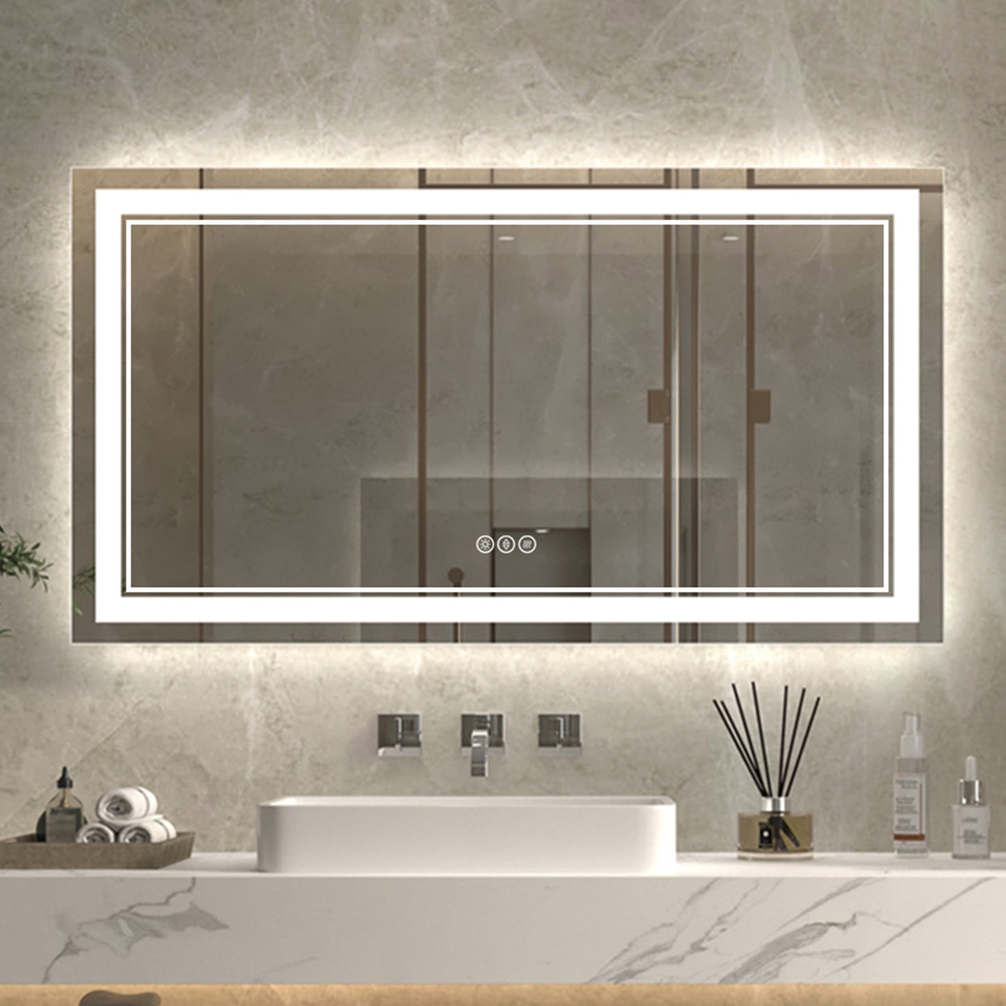 Linea 55" W x 30" H LED Heated Bathroom Mirror,Anti Fog,Dimmable,Front-Lighted and Backlit, Tempered Glass