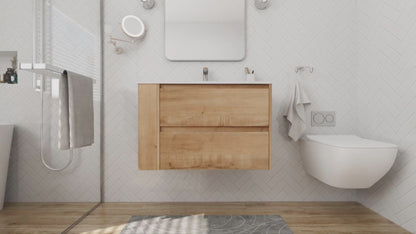 Allsumhome 30" Wall Mounting Floating Bathroom Vanity With Gel Sink,Imitative Oak Finish,Soft Close Drawer