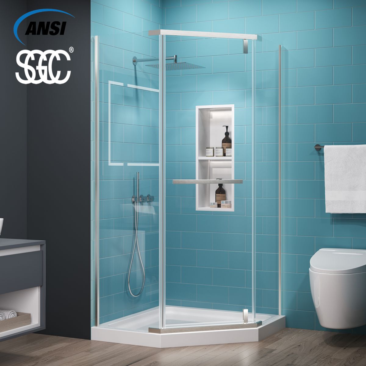 Prism Neo - Angle Frameless Shower Door 38 in. W x 72 in. H,Corner Shower Enclosure with 6mm Clear Glass,Pivot Shower Doors,Brushed Nickel