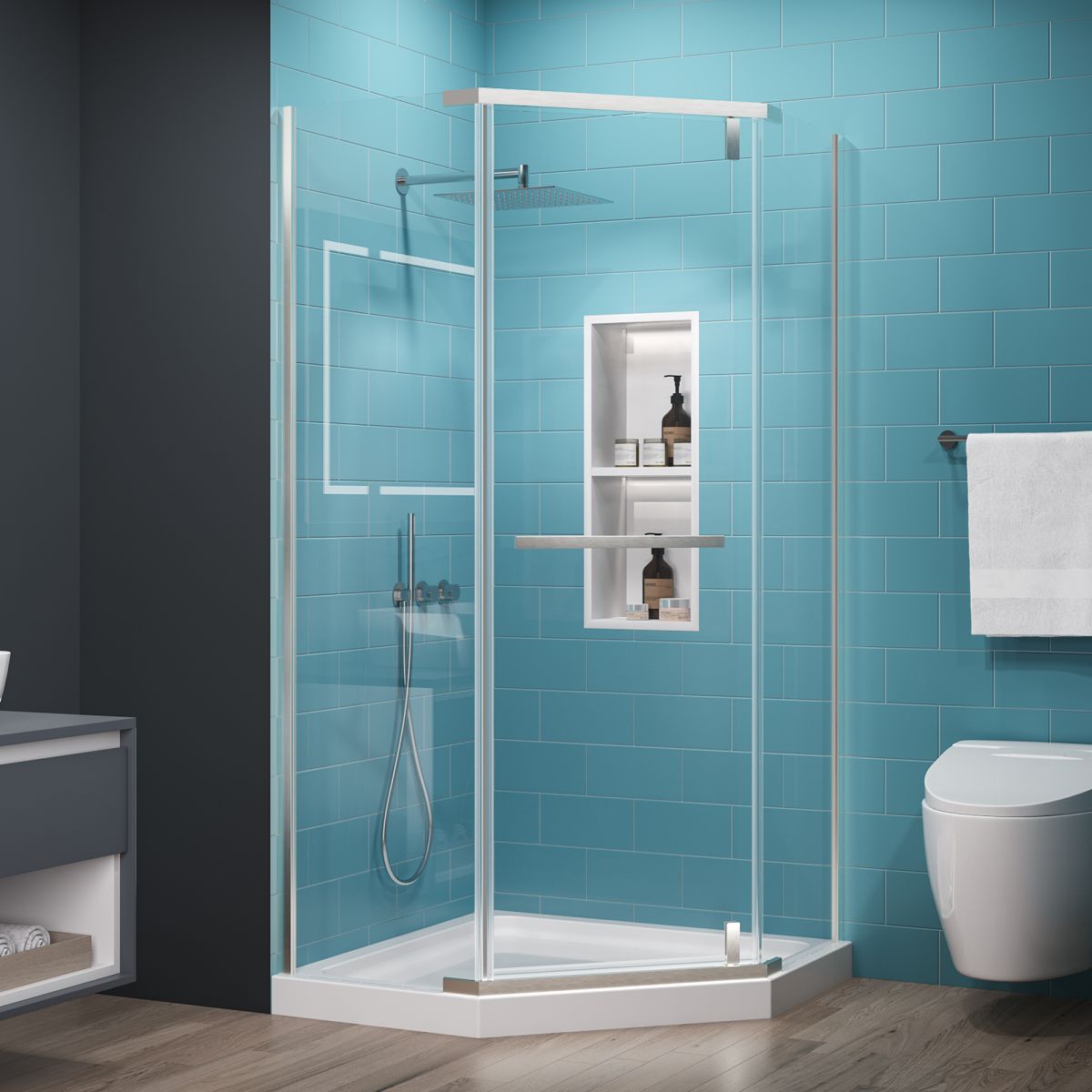 Prism Neo-Angle Frameless Shower Door 38 in. W x 72 in. H,Corner Shower Enclosure with 6mm Clear Glass,Pivot Shower Doors,Brushed Nickel