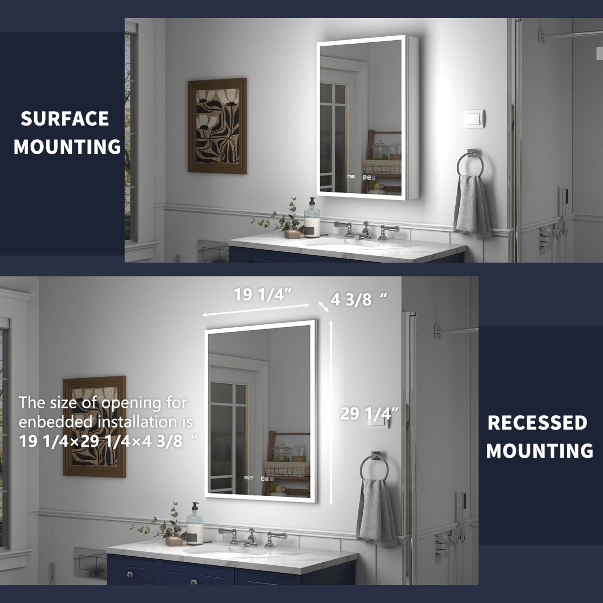 Rim 20" W x 30" H Lighted Medicine Cabinet Recessed or Surface led Medicine Cabinet with Outlets & USBs,Hinge on the left