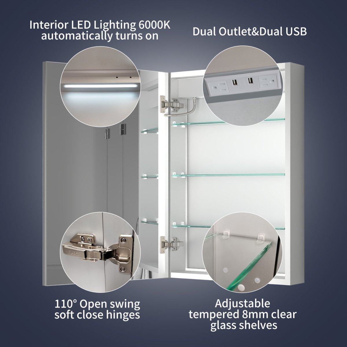 Rim 20" W x 30" H Lighted Medicine Cabinet Recessed or Surface led Medicine Cabinet with Outlets & USBs,Hinge on the left