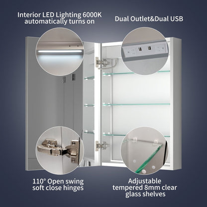 Rim 20" W x 30" H Lighted Medicine Cabinet Recessed or Surface led Medicine Cabinet with Outlets & USBs,Hinge on the left