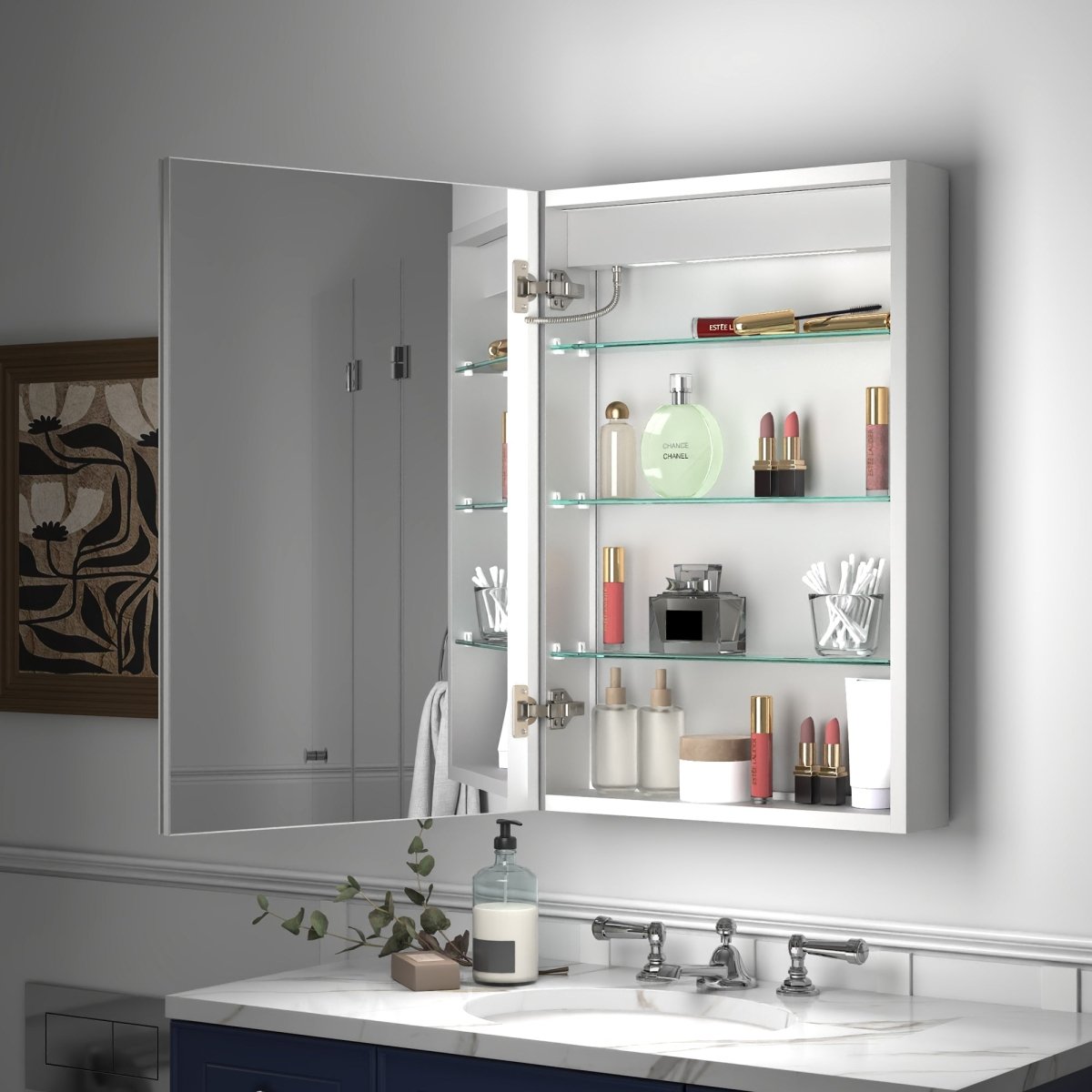 Rim 20" W x 30" H Lighted Medicine Cabinet Recessed or Surface led Medicine Cabinet with Outlets & USBs,Hinge on the left