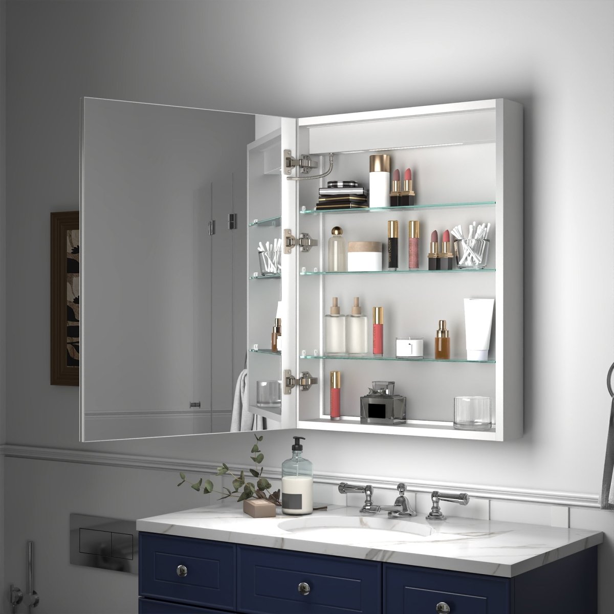 Rim 24" W x 32" H Led Lighted Medicine Cabinet Recessed or Surface with mirrors,Hinge on the left