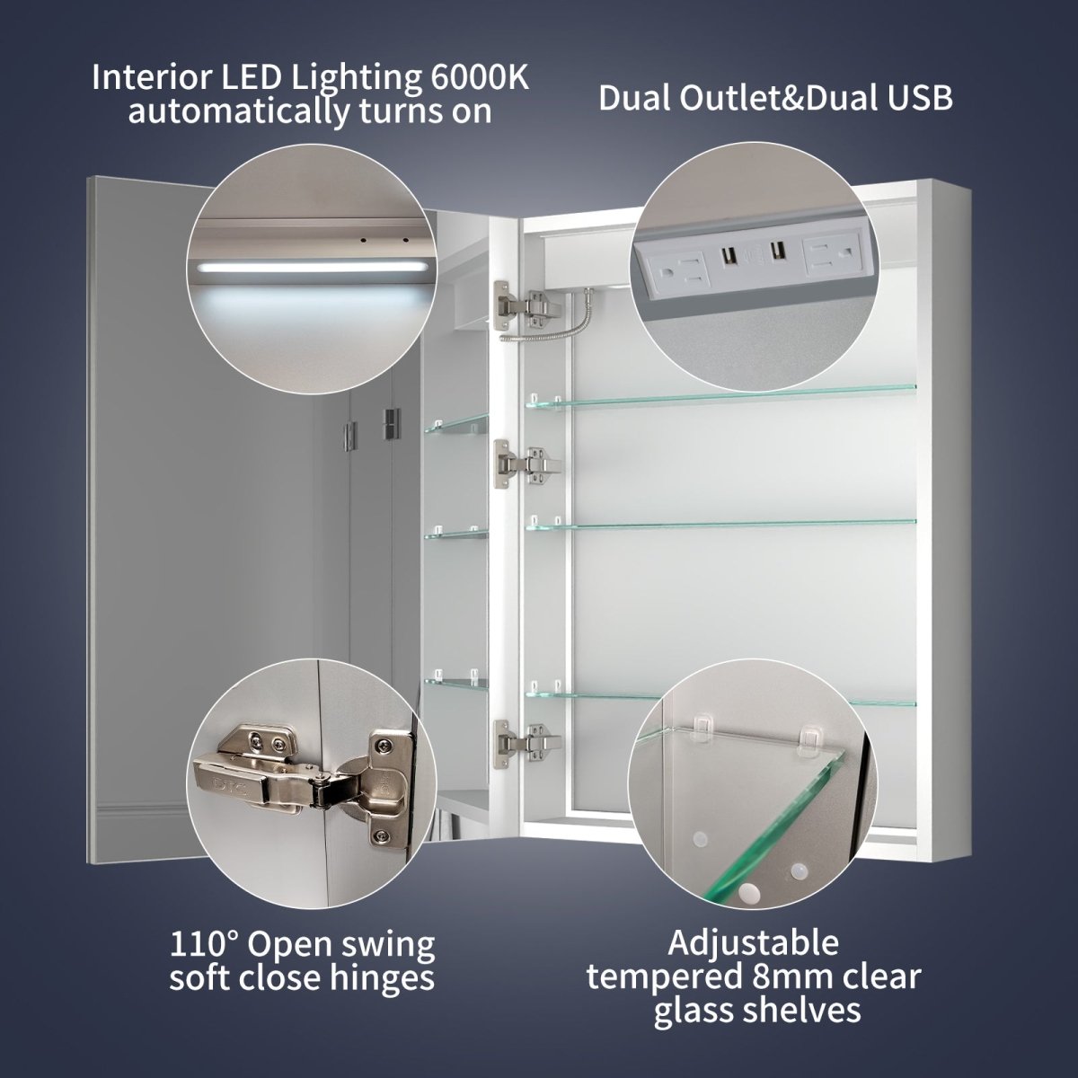 Rim 24" W x 32" H Led Lighted Medicine Cabinet Recessed or Surface with mirrors,Hinge on the left