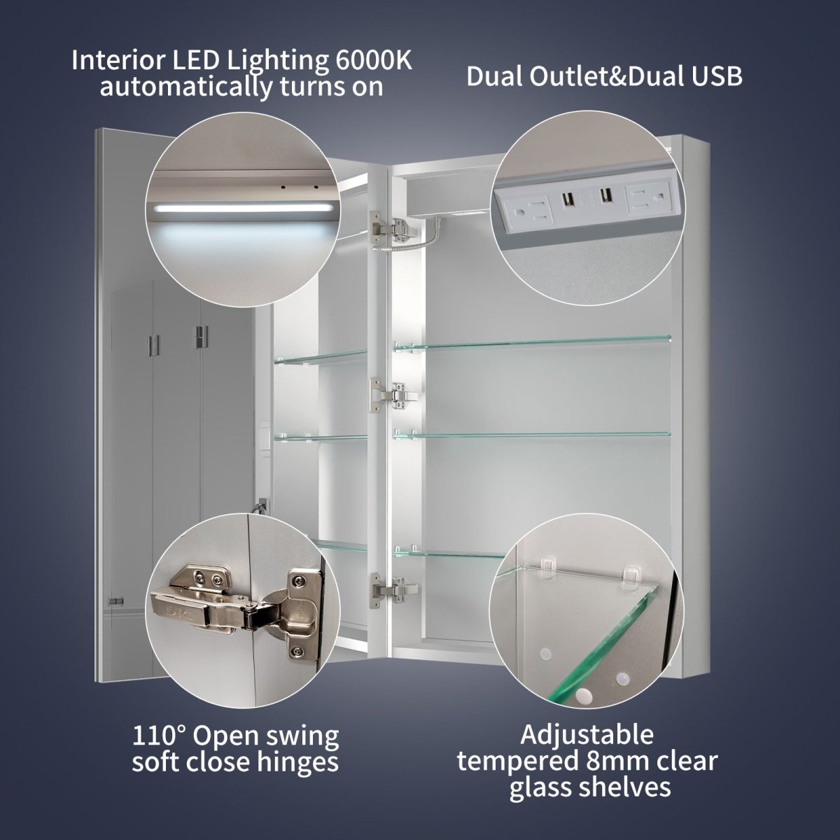 Rim 24" W x 36" H Led Lighted Medicine Cabinet Recessed or Surface with Mirrors, Hinge On The Left